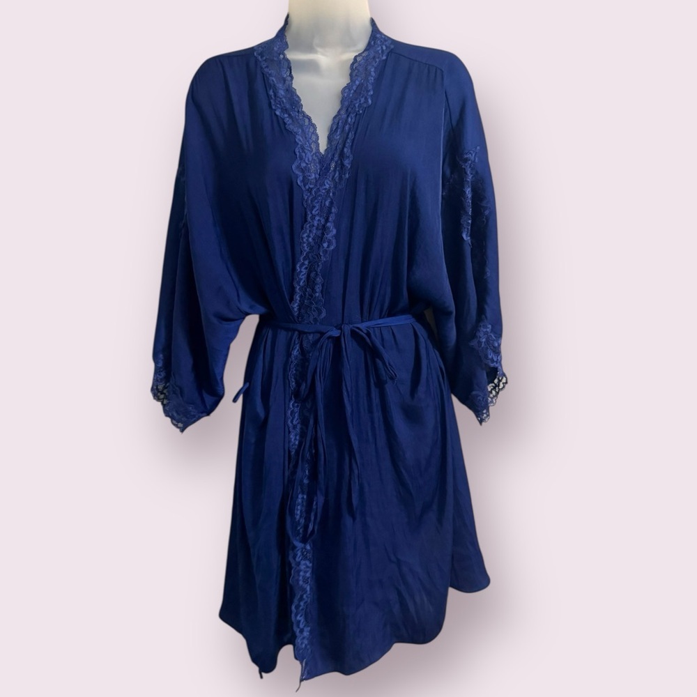 In Bloom By Jonquil Satin Lace Trim Robe Blue XL - Picture 3 of 5